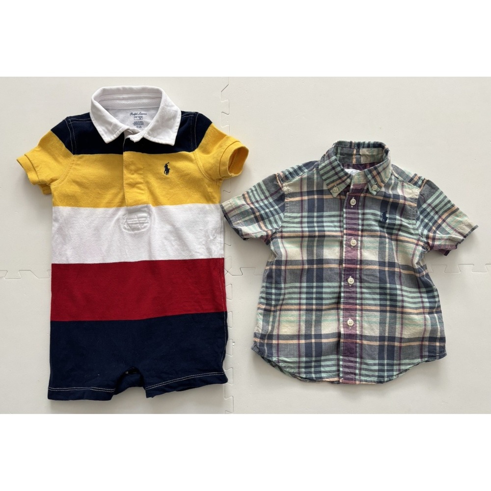 RALPH LAUREN Boys Lot of 2 Plaid Dress Madras Shirt | Romper Rugby Shortall- 12M
